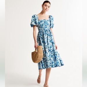 Abercrombie Emerson Poplin Puff Sleeve Midi Dress, BLUE FLORAL